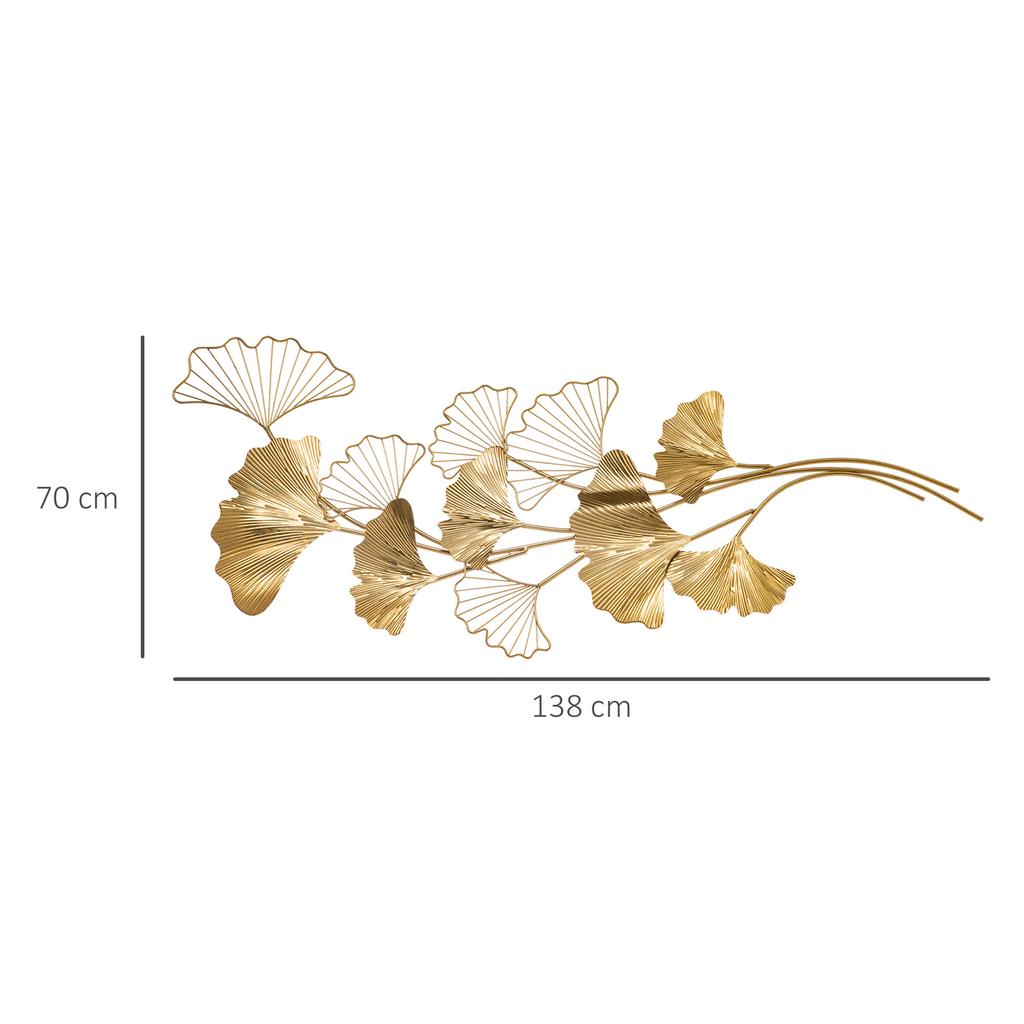 3D Metal Wall Decoration, Golden Wall Art with Ginkgo Leaves 138x70cm