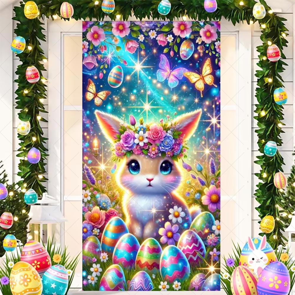 Happy Easter Cute Bunny Door Cover Backdrop Spring Garden Floral Easter Egg Background Easter Party Decoration Photo Shoot Props
