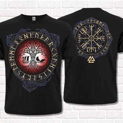 Yggdrasil marškinėliai Vegvisir, Rūninis kompasas. Vikingų stilius. Asatru. Drakaras.