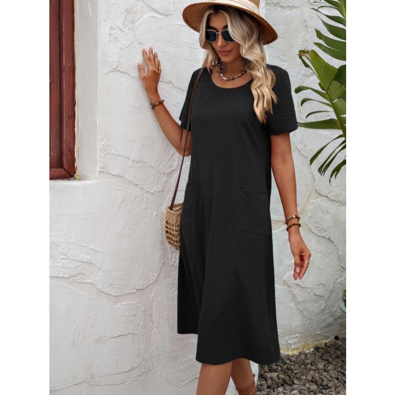 Fashion Loose Round Neck Short Sleeve Dress Pockets Solid Color Casual A-line Summer Dress Party Sweet Casual Simple Clothing