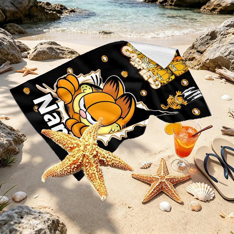 Custom Name Personalized Garfield Print Beach Towel, for Trip Camping Beach Party Home Decor, Birthday Gift for Family & Friends