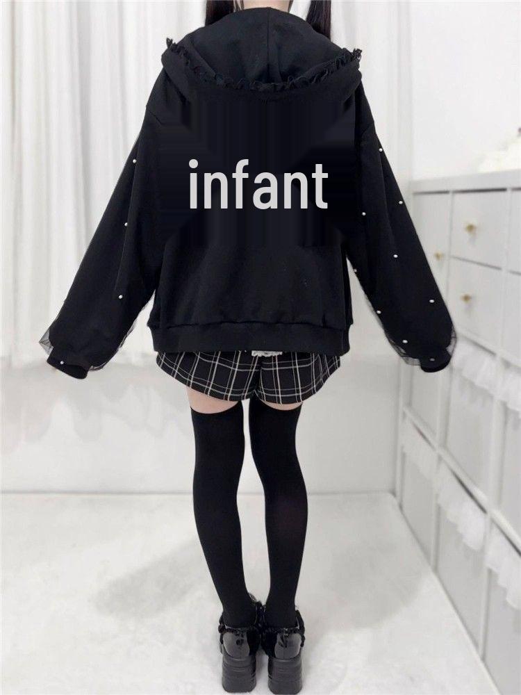 Japanese Subculture 2D Bunny Ear Hooded Jacket with Lace-up Bow & Pearl Details