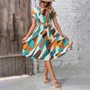 Women Summer Pleated Dress with Belt Round Neck Short Sleeve Medium Long