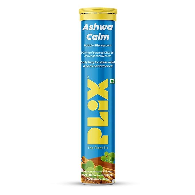 

PLIX - THE PLANT FIX Ашваганда KSM-66 Шипучі таблетки з Брінгарадж та Брахмі, 15 таблеток, 1 упаковка, Зняття стресу