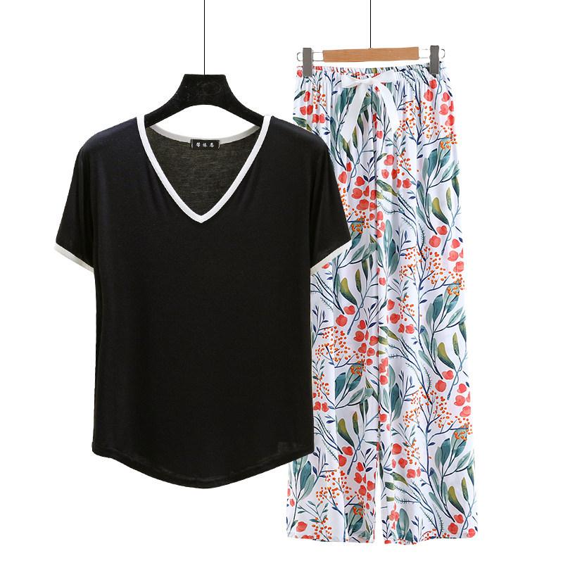 Modal Loungewear V-Neck color-block Tshirt and Floral Wide leg pants Summer Thin Pajamas sets Casual Plus size Homewear 2pcs suit Comfort clothing
