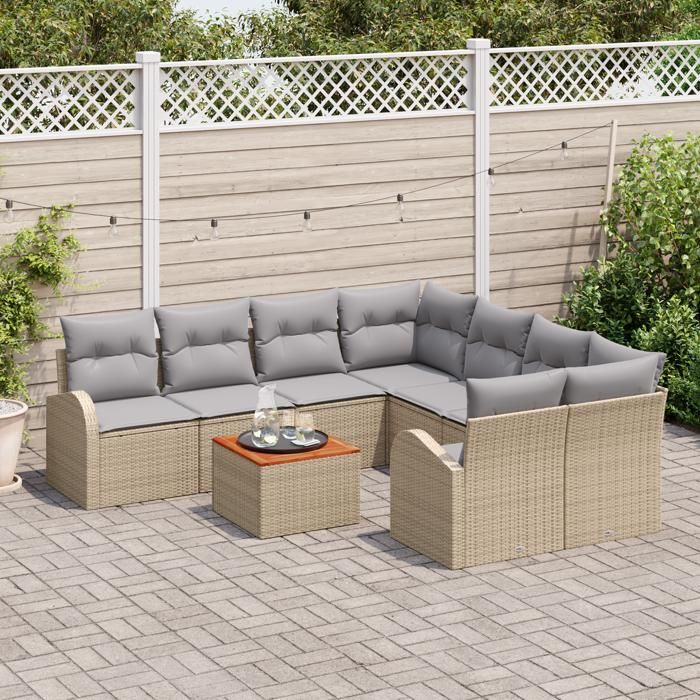 VidaXL Ensemble de canapé de jardin 9 pièces avec coussins Beige Poly Rotin Acacia 3347560