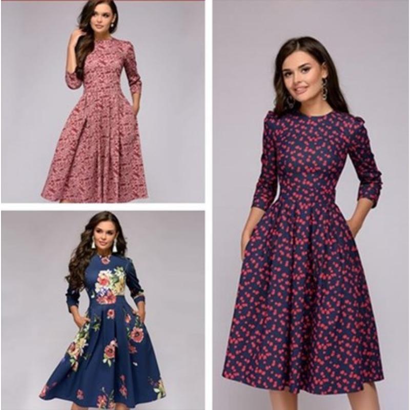 Vestido de fiesta vintage floral de corte A para mujer, con mangas de siete puntos y cuello redondo.