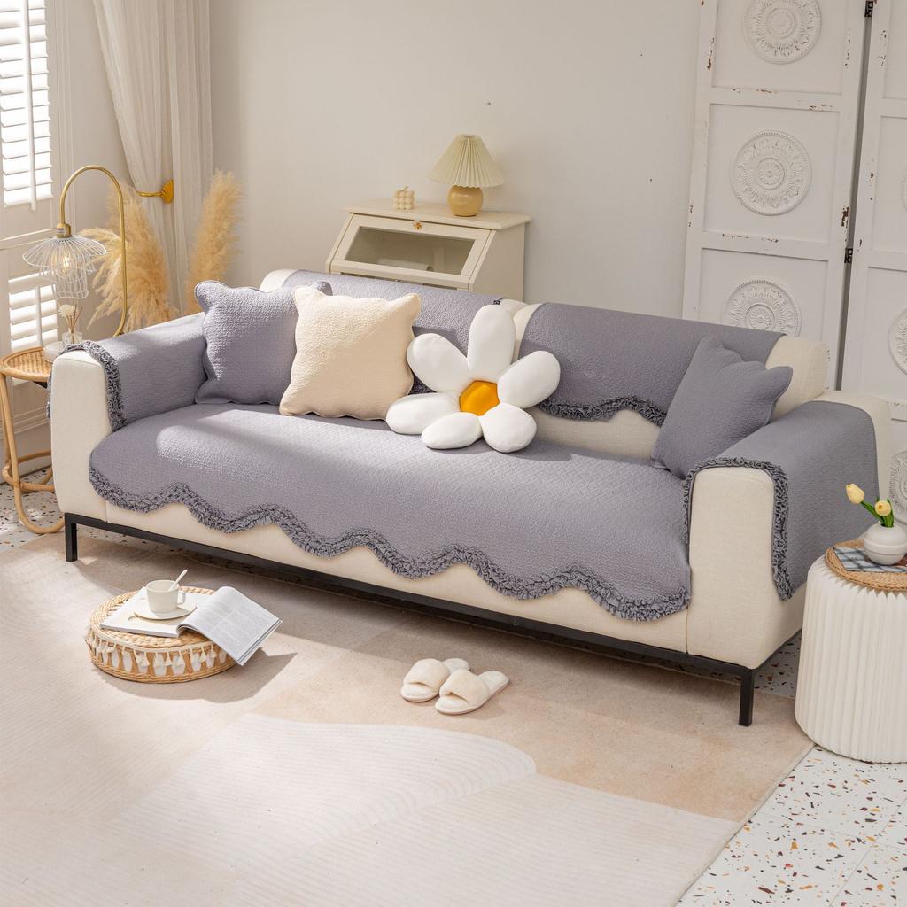 Four Seasons Universal Pure Cotton Korean Style Wavy Sofa Cushion Modern Simple Solid Color Non-Slip Sofa Cushion Towel
