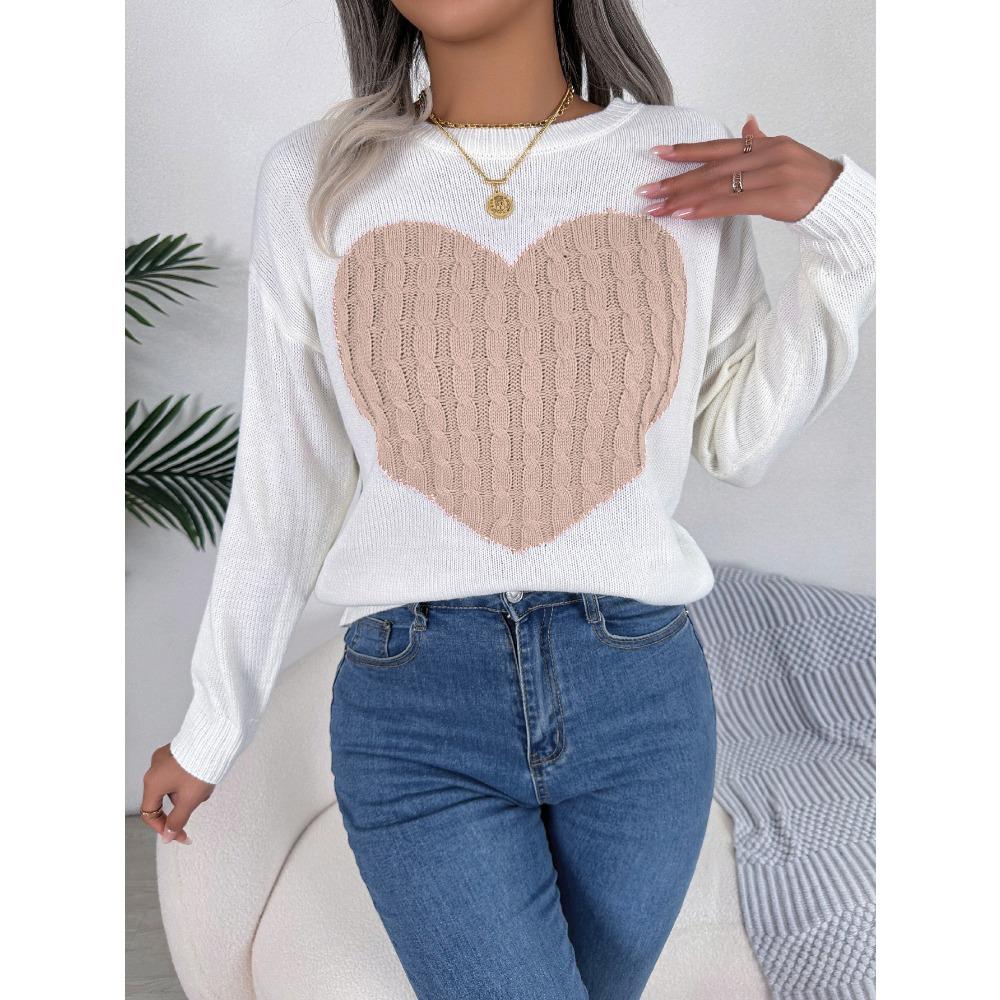 Women's Sweatshirt Autumn/Winter Cable-Knit Heart-Pattern Long-Sleeved Pullover Valentine's Day Ladies' Knitwear