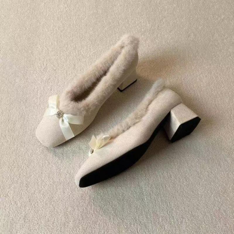 Apricot Colored High-heeled Ankle Boots for Women, Square Toe, Thick Heel, Bow Tie, Cute Women's Boots with Plush Warm Boots