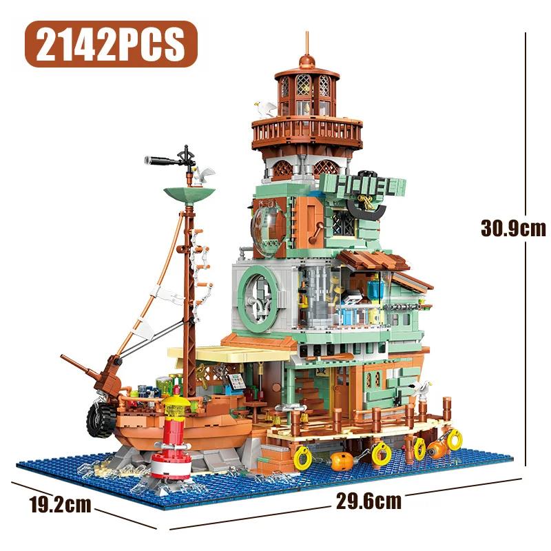 Creative Harbour Hotel Old Fishing House Ship Model Building Blocks Street View Lighthouse Houseboat With Light Mini Bricks Toys