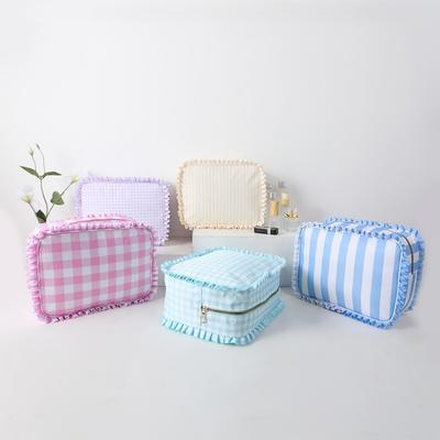 Große Rüschen-Tasche Multifunktion Reißverschluss Kariert Kosmetiktaschen Süßes Karomuster Gingham Rüsche Make-up-Tasche