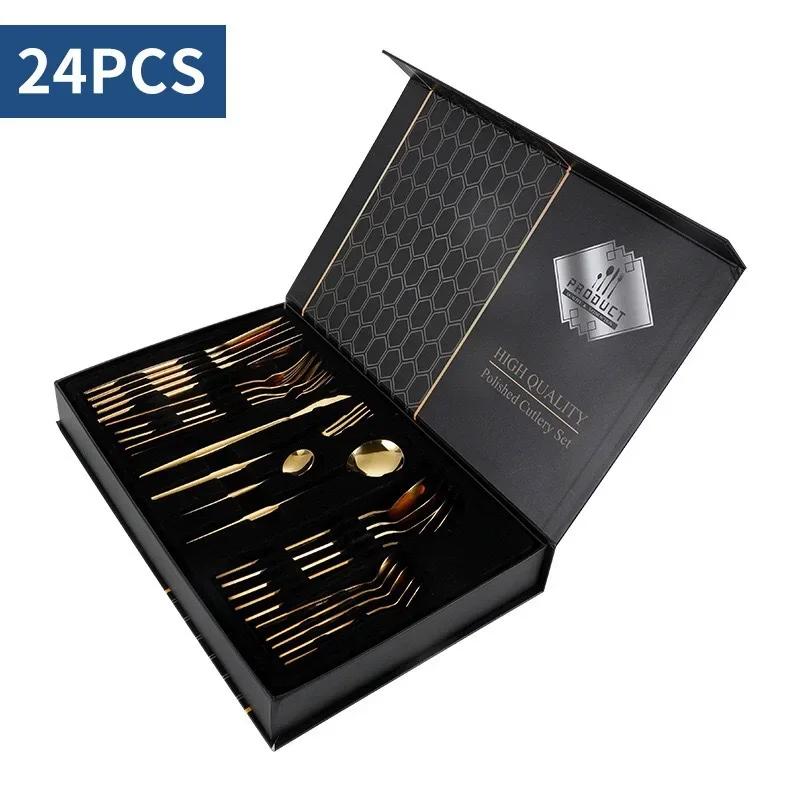 5/24Pcs Black Handle Golden Cutlery Set Stainless Steel Steak Knife Fork Spoon Tableware Dessert Spoon Festival Kitchen Cutlery