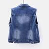 Women Denim Vest Pearls Spring Autumn Jeans Jacket Sleeveless Loose Short Coat Waistcoats Streetwear Female