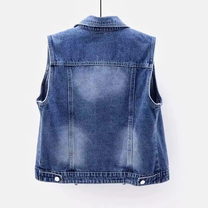 Women Denim Vest Pearls Spring Autumn Jeans Jacket Sleeveless Loose Short Coat Waistcoats Streetwear Female