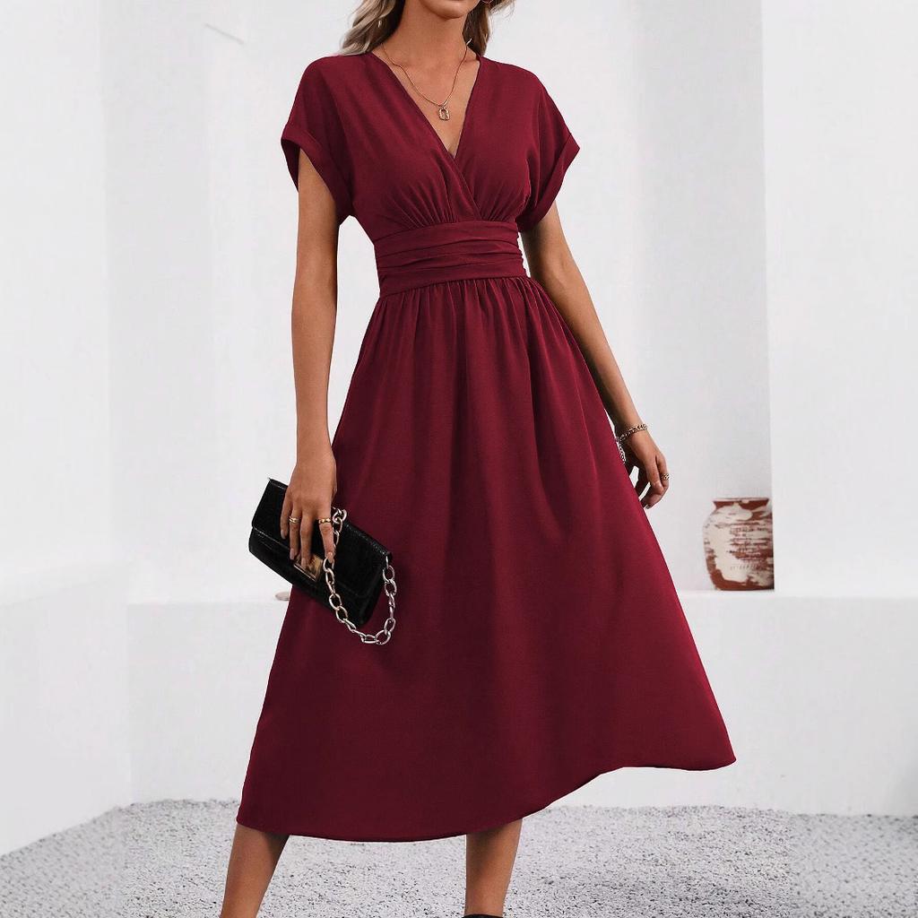 Ladies Summer Solid Color Overlapping V-Neck Bat Sleeve Waist Folds Long Elegant Dress, Women's Long Dress