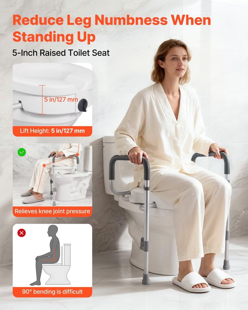 Raised Toilet Seat with Arms, 159 kg Capacity, 127 mm Lift Height & Adjustable Width, Widened Commode Elevated Toilet Seat Riser with Handles for