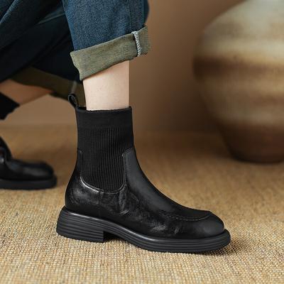 Modă NOI Toamnă Bocanci Femei Pantofi din Piele Decupată pentru Femei Vârf Rotund Toc Gros Pantofi Chelsea Slip-on Bocanci de Gleznă Țesătură Casual