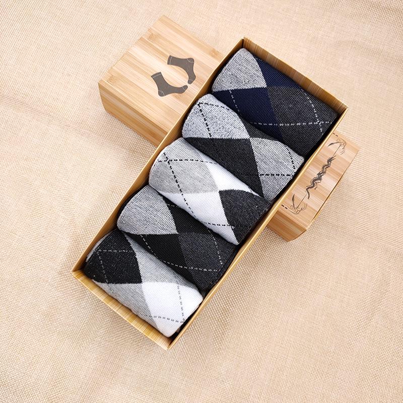 Men's Autumn/Winter Business Mid-Calf Socks - 5 Pairs, Polyester Cotton, Solid Colors, Casual Style