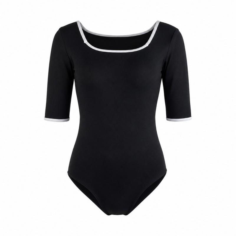 White Square Neck Mid-Sleeve Ballet Leotard Women Adult Dance Practice Modern Performance Stretchy Gymnastics Costume