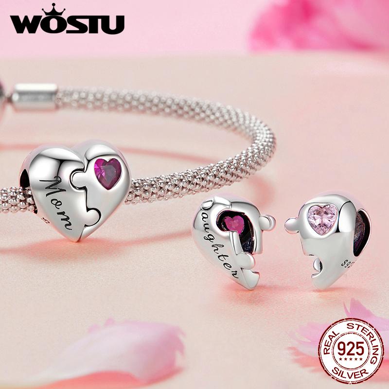 WOSTU Mom's Jewelry Gift 925 Sterling Silver Pink Opal Inifinite Love Charm Pendant Heart Puzzle Beads Fit Bracelet DIY Making