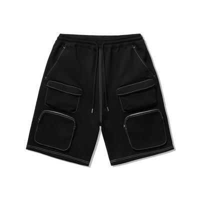 Einfarbig Mittlere Taille Kordelzug Vielseitig Atmungsaktiv Locker Freizeitshorts Herrenshorts Schwarz AKSU157-1