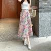 Qooth Saia Midi Feminina de Cetim Estampada Floral Elegante Cintura Elástica Acetato QT2144