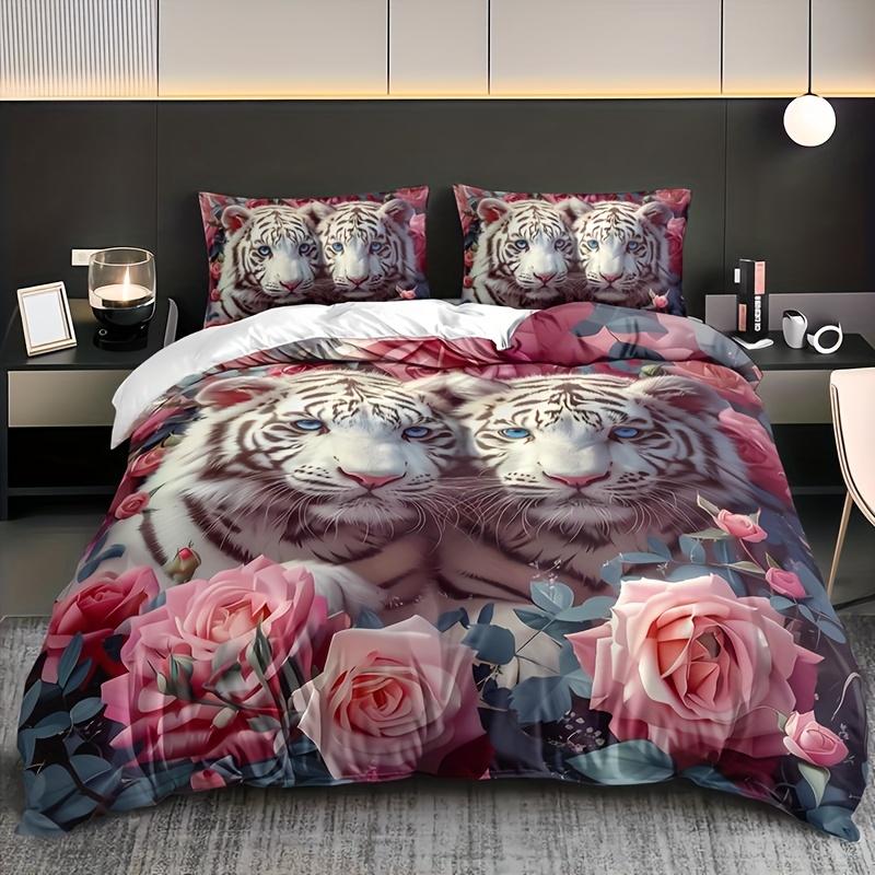 Couple Pink Tiger Rose Quilt Cover Set 1 Quilt Cover + 2 Pillowcases Home Four Seasons Dormitory High-Definition Printing