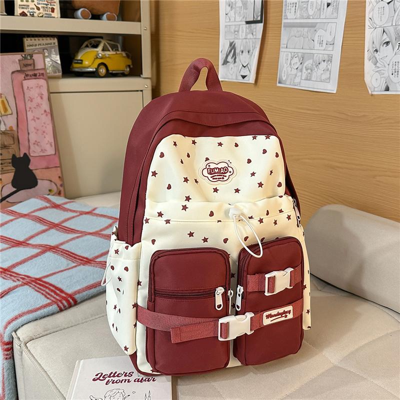 Süßer Nylon-Rucksack für Damen – Kawaii Stern & Punkt Muster Schultasche mit mehreren Taschen und verstellbaren Trägern, Perfekt für den täglichen Gebrauch
