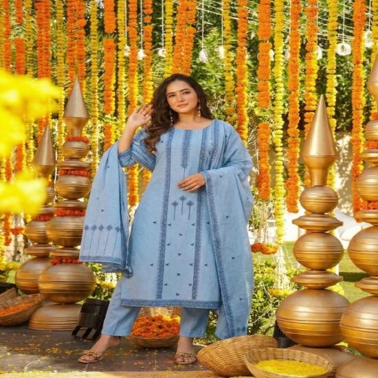 Serene Powder Blue: Geometric Embroidered Cotton Kurta Set with Matching Dupatta