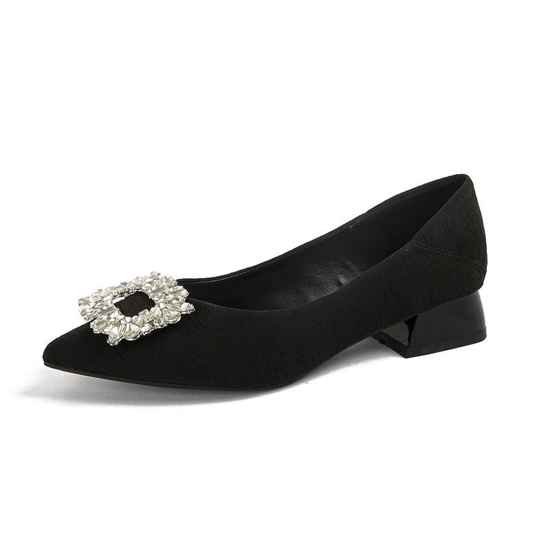 Single Shoes Women's New Rhinestone Temperament High Heels Pointed Head Shallow Mouth Versatile Thick Heel Large Size