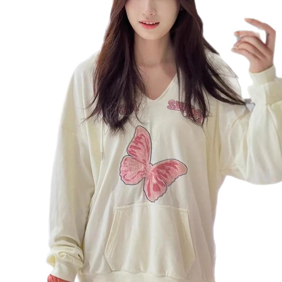Women s Autumn Winter Butterfly Print Hoodie - Hong Kong Style Versatile Short Pullover Top S абрикосовый