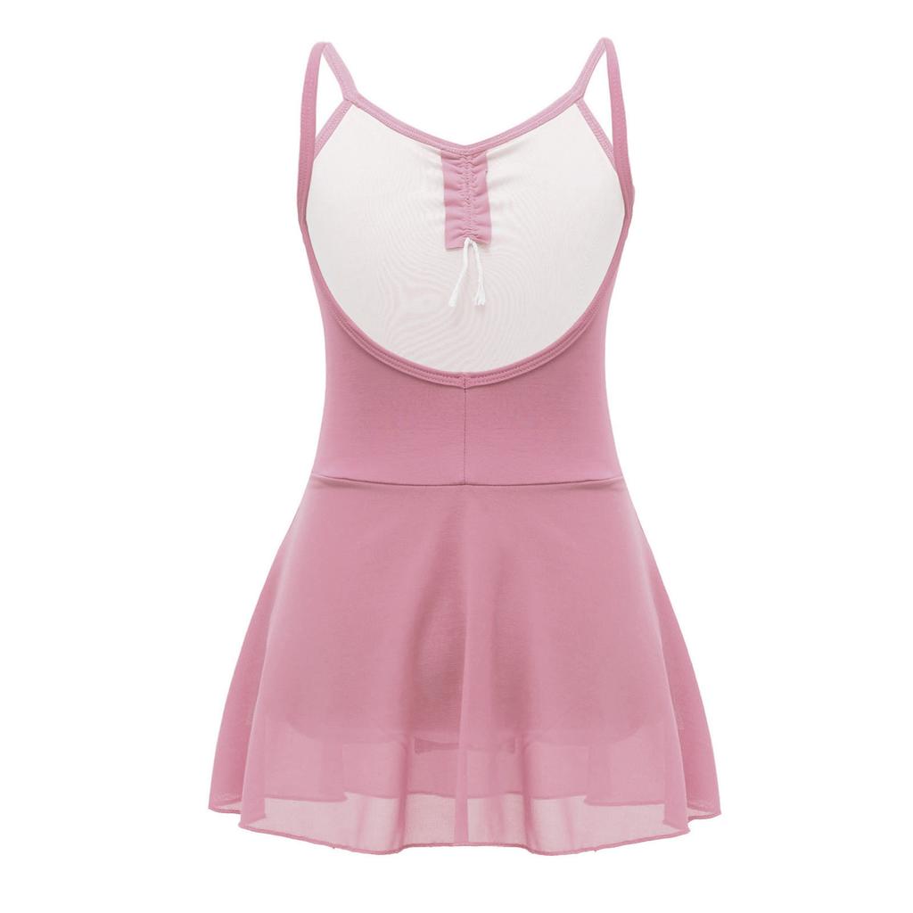 Girls Ballet Dance Dress Ruched Backless V Neck Suspenders Solid Color Exam Costume