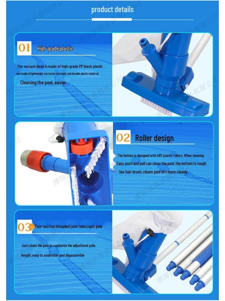 Trade Pool Cleaning Kit: Vacuum Suction Head & Jet Nozzle with Bristles, 5-Section Threaded Pole