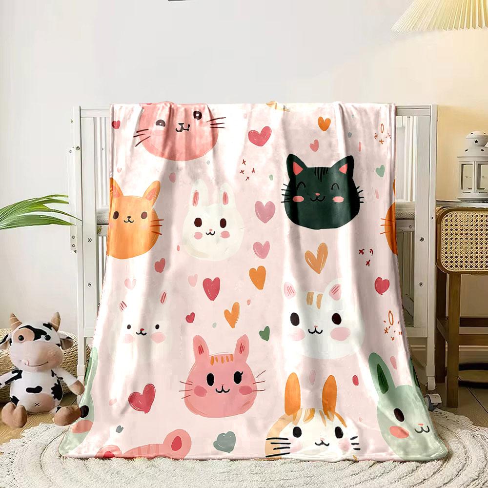Cute Cartoon Animals with Hearts Pattern Print Blanket Soft and Cozy Perfect for the Living Room Bed Sofa or a Nap,gift