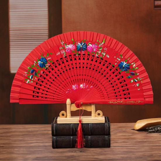 Faltfächer mit Quasten, doppelseitig, Blumenmuster, hohle Holzrippen, Laufstege, Tanz-Wing-Chun-Requisiten, Damen, Sommer-Handfächer, Partyzubehör