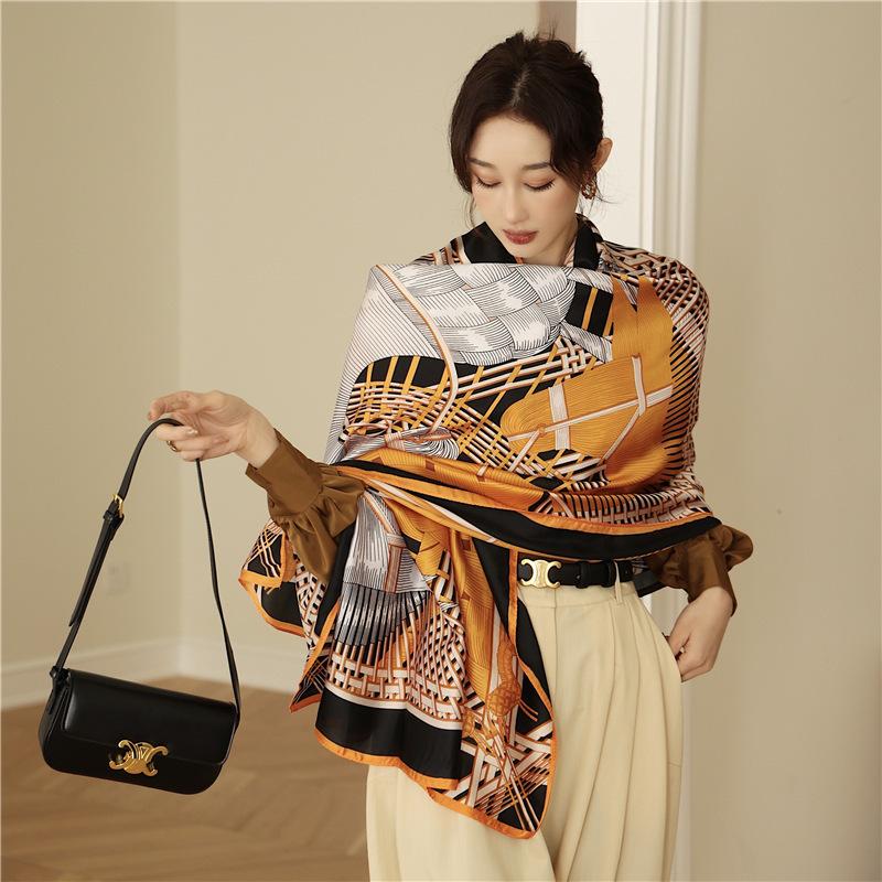 Elegant temperament ladies air-conditioning long shawl fashion colour blocking thin section holiday silk scarf scarf