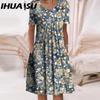 IHUASU 30 Color Pleated Midi Dress Short Sleeve Round Neck Loose Hem Mid-Calf Length Women Floral A-Line Party Dress Casual Wear