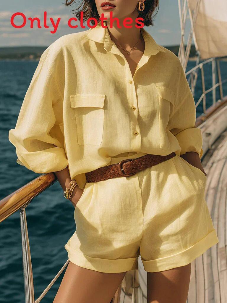 Set Casual da Donna in Cotone e Lino a Maniche Corte con Pantaloncini per Estate e Primavera