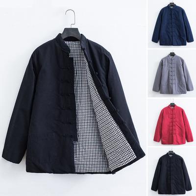 Men Tang Suit Style Cotton Coat with Stand-Up Collar Button Design Solid Color