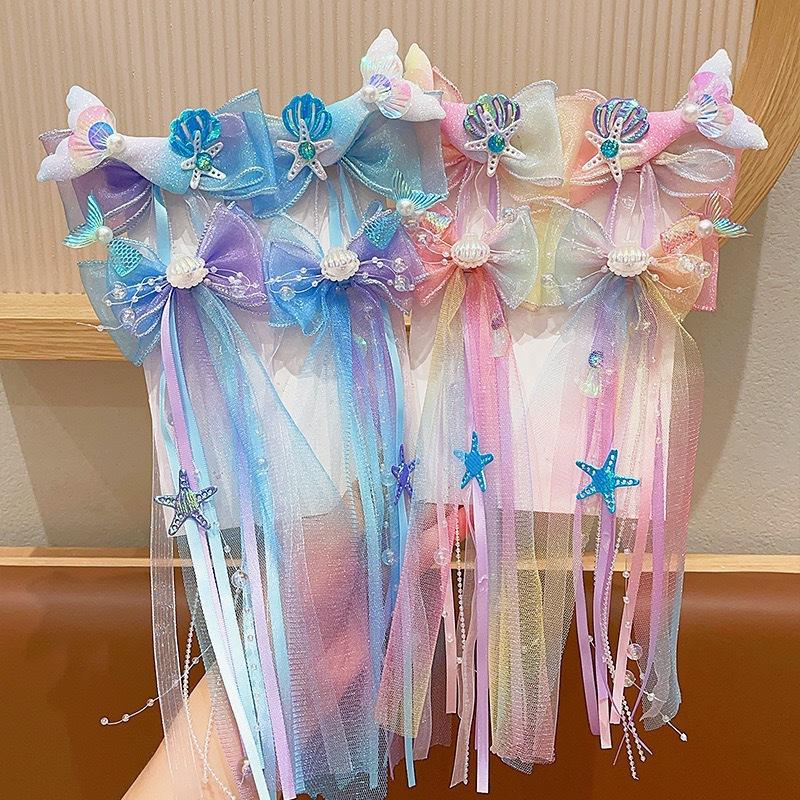 1 Pair Fishtail Shell Puprle Ribbon Headband Baby Mermaid Dress Up Hairpins Girls Bow Tie Braided Flower Hairpin Accessory