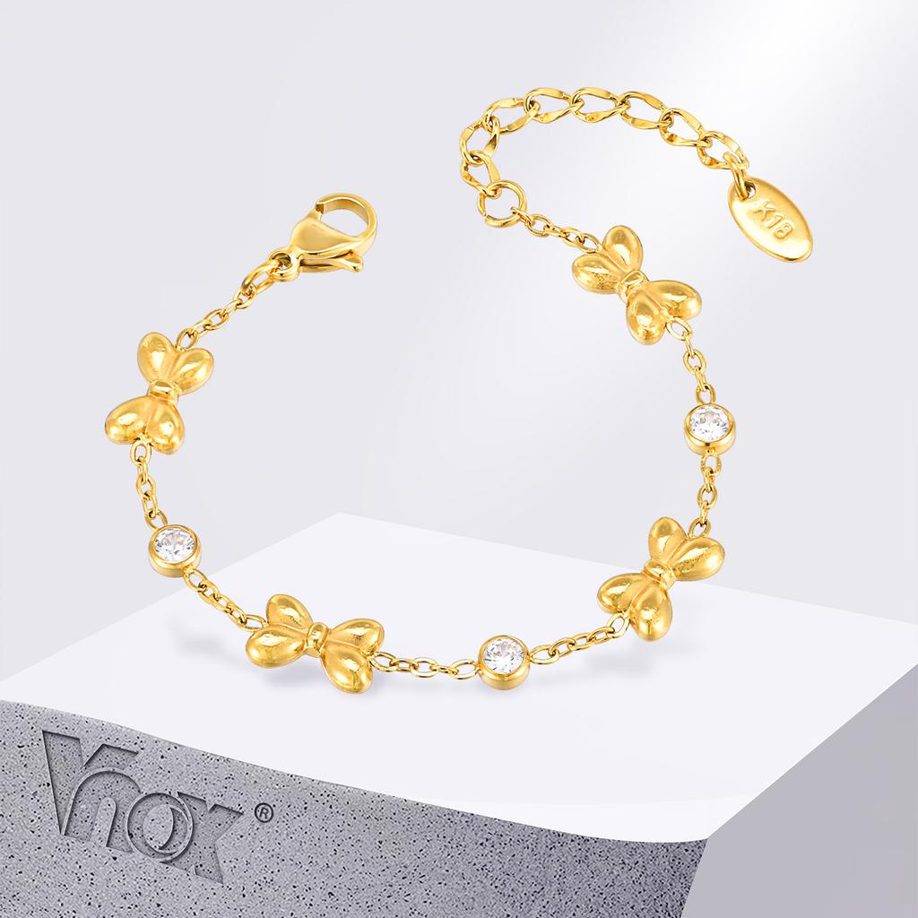 Vnox Stainless Steel Children's Bracelet For Baby Girls,Cubic Zirconia Inlay With Bow Element Chain,Cute Style Jewelry Daily
