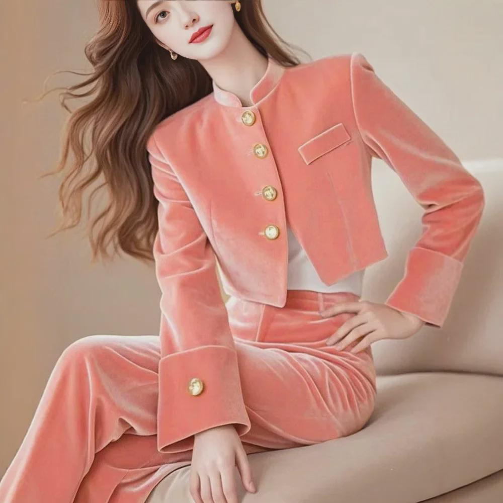 "2024 Autumn Women's Pink Velvet Suit: Slim Coat with Wide-Leg Pants"
