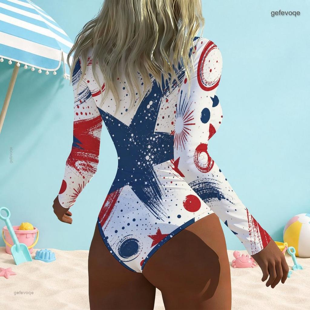 Women Plus Size High Neck Front Zip Long Sleeve One Piece Printed Swimsuit Red Blue White