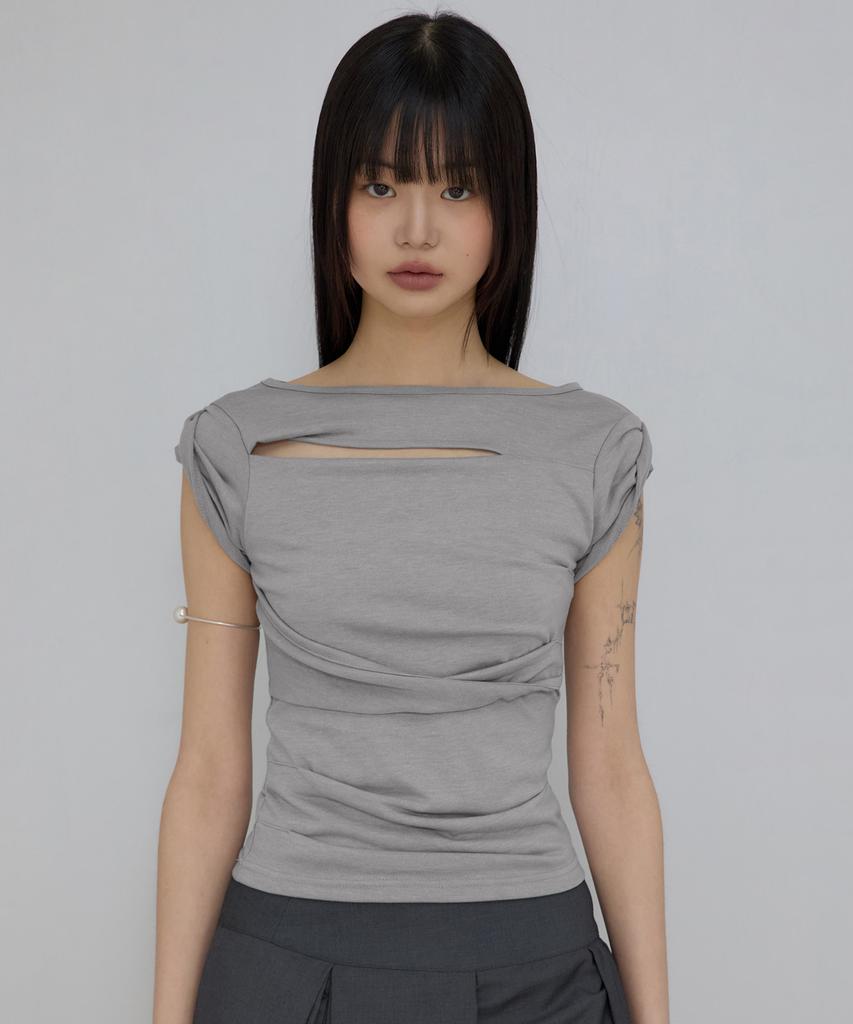 Peulleeoeob Asymmetrical Draped Roll-Up T-Shirt (Fl-165_Gray)