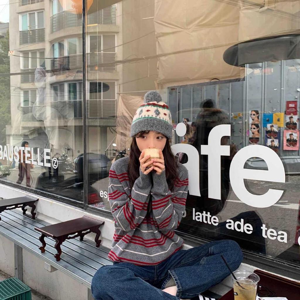 Korean Retro Fair Isle Chunky Knit Pom-Pom Earflap Hat for Autumn/Winter