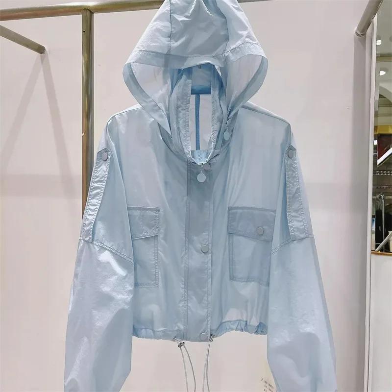 

Summer Korean Style Windbreak Women s Spring Jackets Slim Sunscreen Clothing White Hooded Coat Zipper Jacket Thin M синій