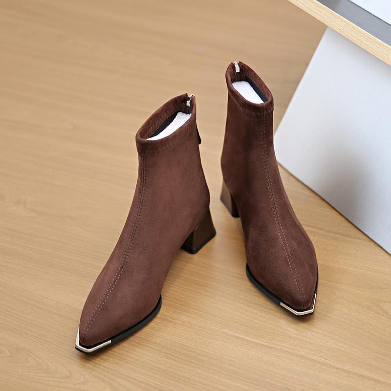 

Autumn Winter Design Women Ankle Boots Sexy Thick High Heels Metal Pointed Toe Shoes Modern Short Botas Para Mujer 35