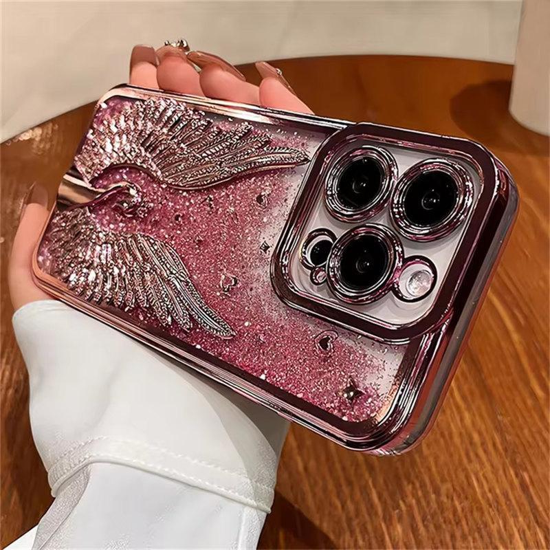 Husă de Telefon de Lux cu Placare, Sclipici Bling, Nisip Mișcător, Lebedă Desen Animat pentru iPhone 15 11 12 13 14 16 Pro Max Plus, Husă cu Protecție pentru Cameră