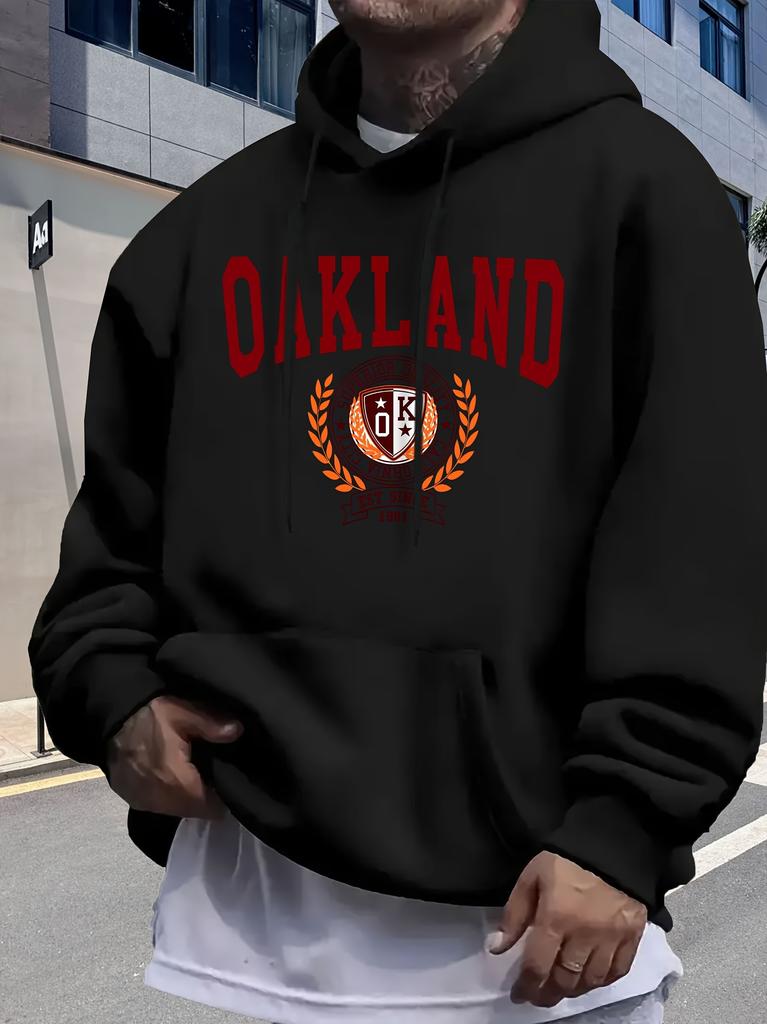 Casual Oakland Print Fleece-Lined hoodie-Casual Pullover Sweatshirt - Blue Polyester